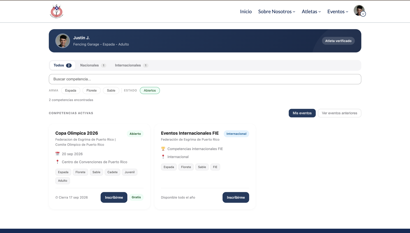 The competition registration screen listing open national and international events, filterable by weapon and status, each with its own registration button and closing date.
