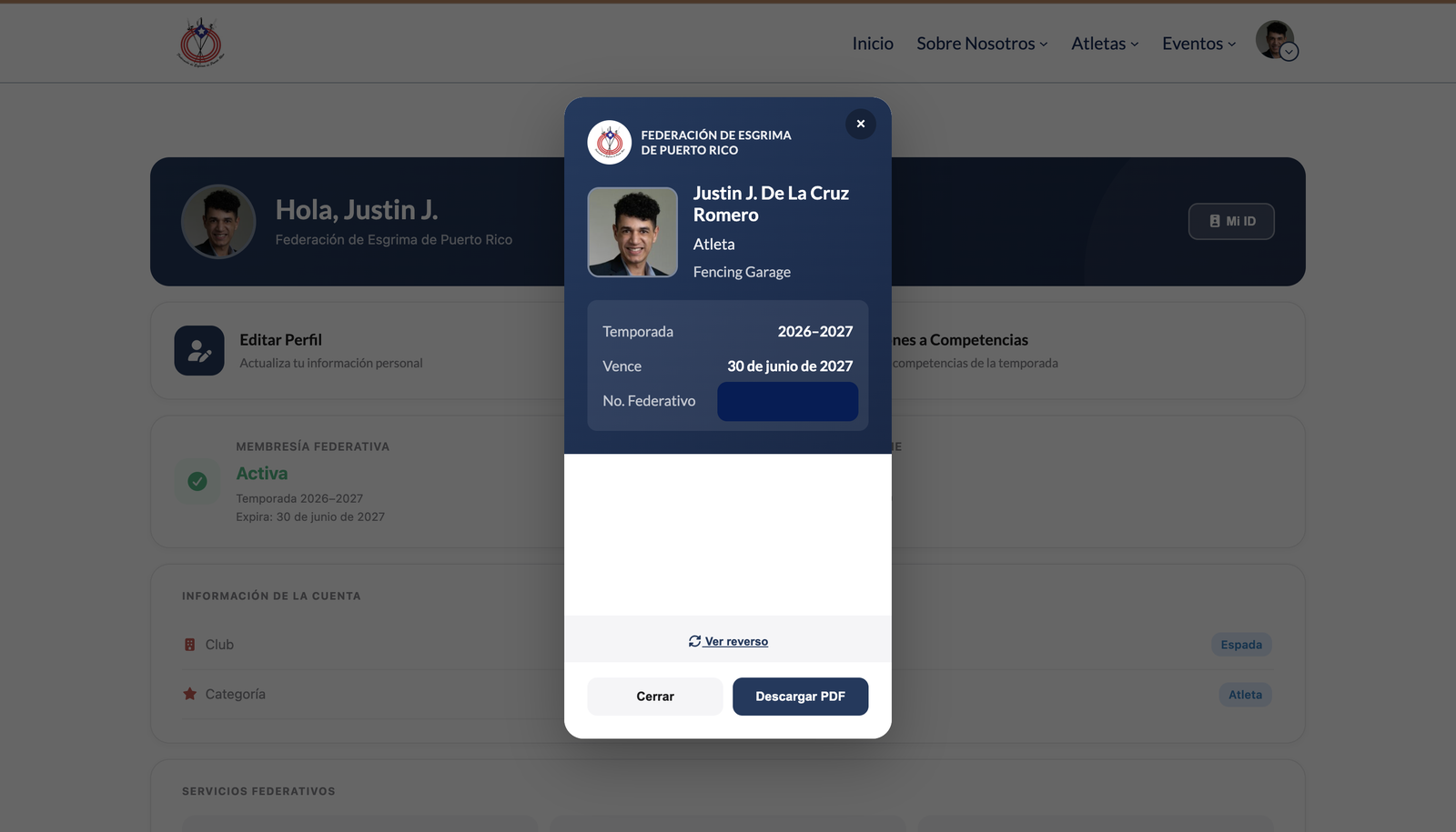 The digital athlete ID open over the dashboard as a card: photo, name, club, season and expiry date, with options to flip the card and download it as a PDF.