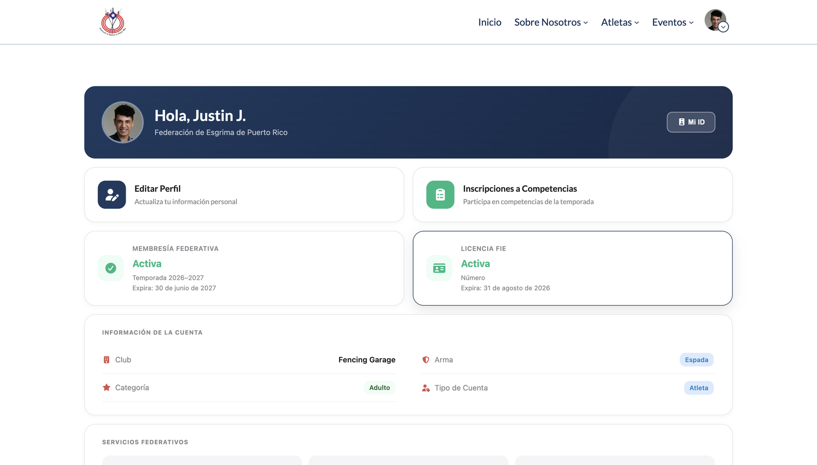 An athlete dashboard showing federative membership and FIE licence status with expiry dates, club, weapon, category, and account type, plus shortcuts to edit the profile and register for competitions.