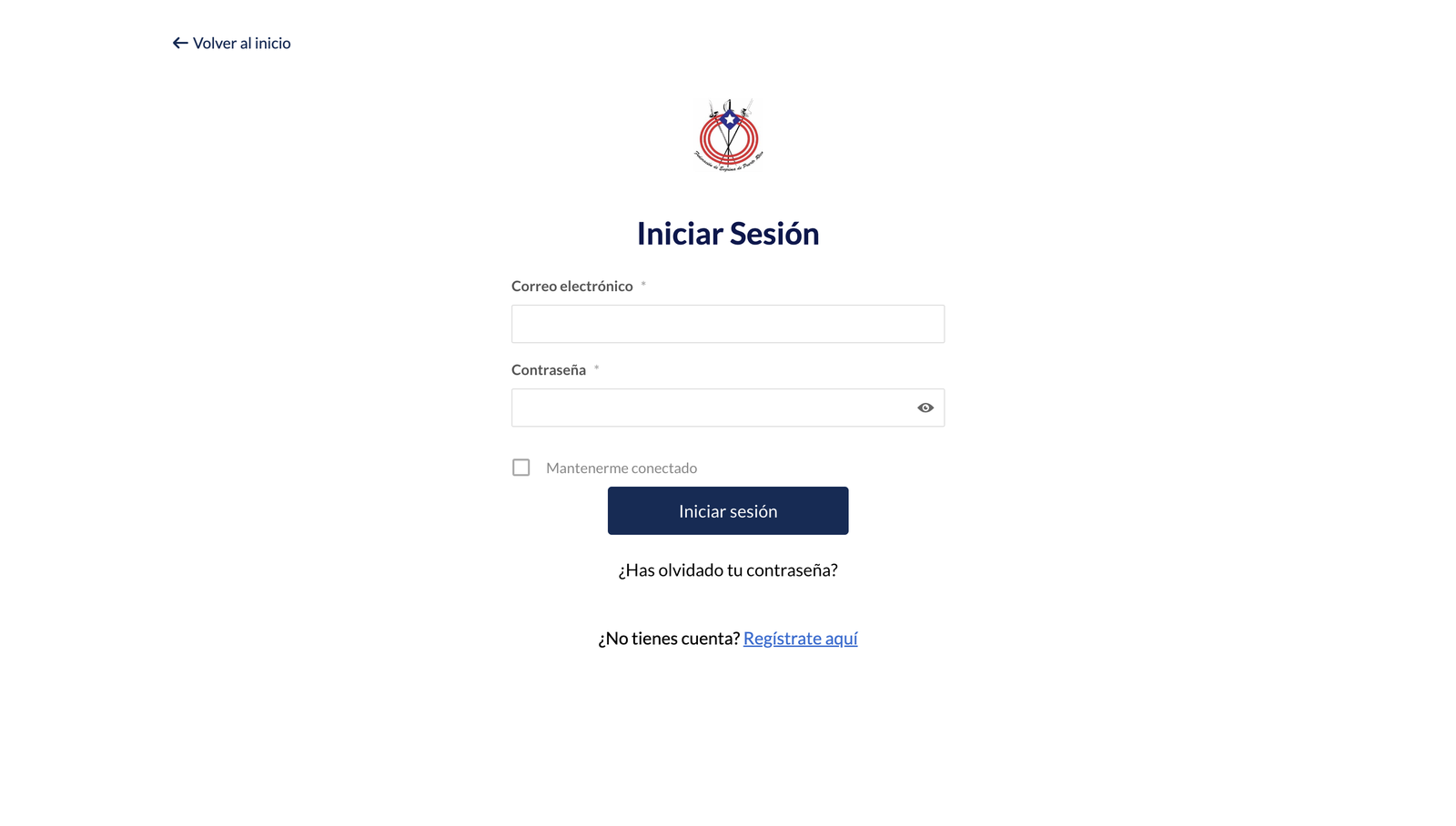 The federation login screen: email and password fields, a keep-me-signed-in checkbox, a forgotten-password link, and a link to create an account.
