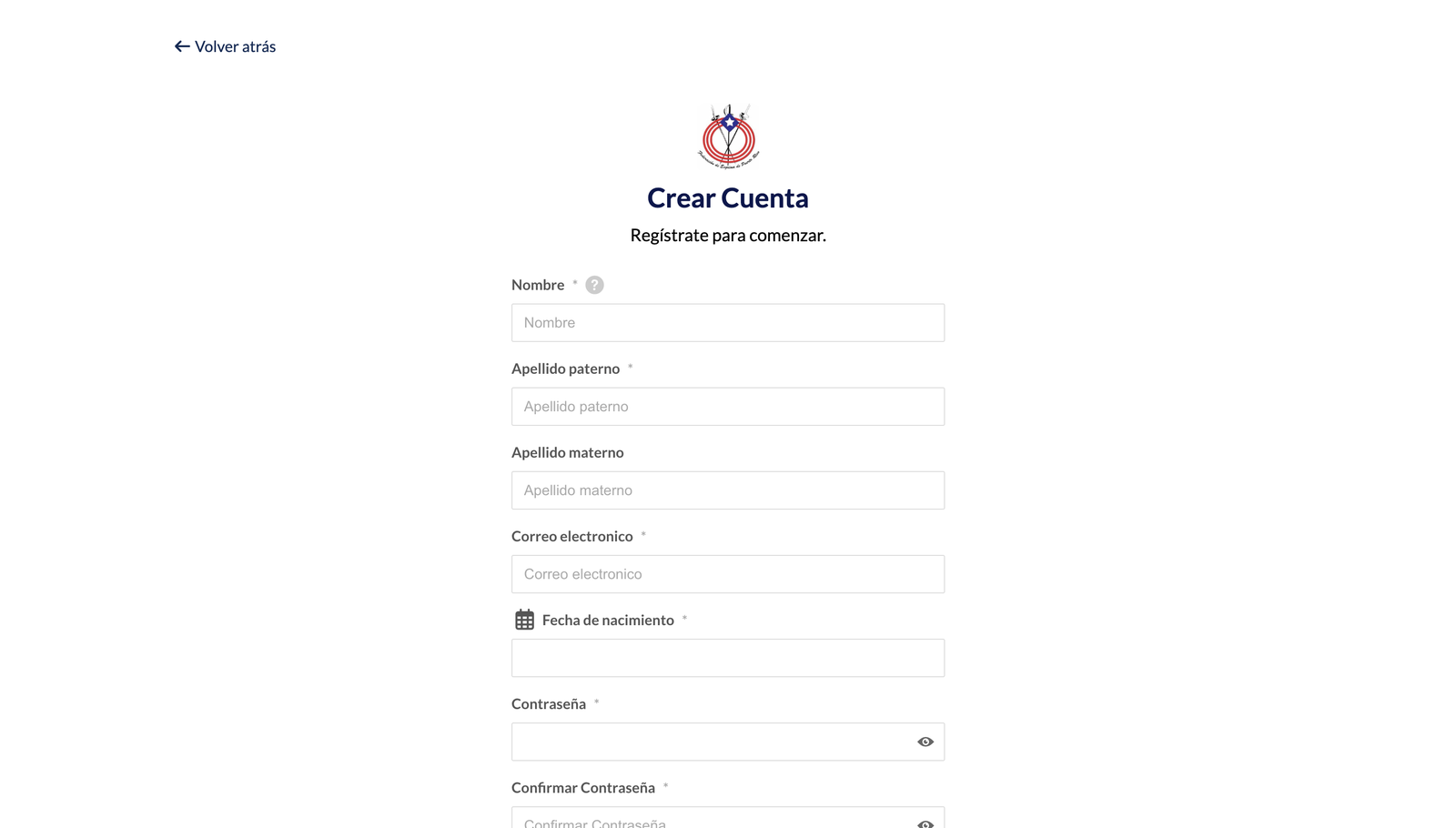 The account creation form, collecting first name, paternal and maternal surnames, email, date of birth, and a password with confirmation.